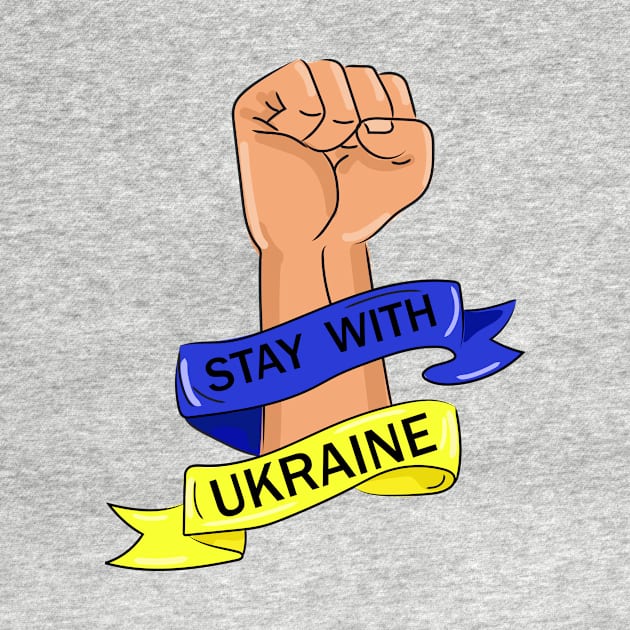 Stay with Ukraine sign.Fist up with blue-yellow ribbon and text by Ponka Design